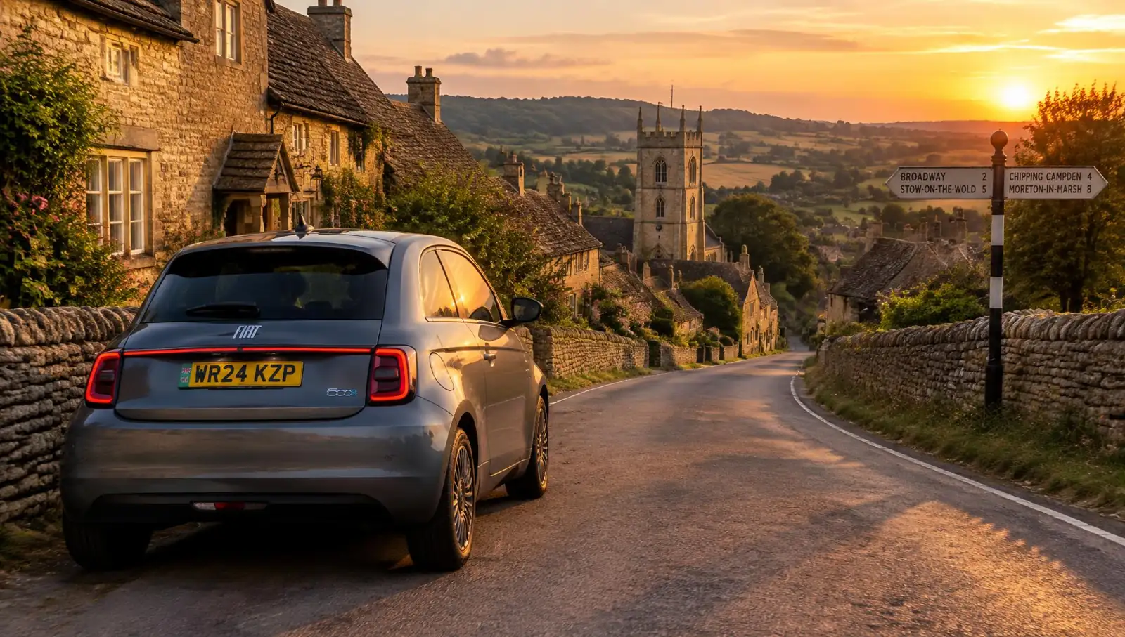 Cotswold stone village lane at golden hour with a hire car parked by a dry stone wall